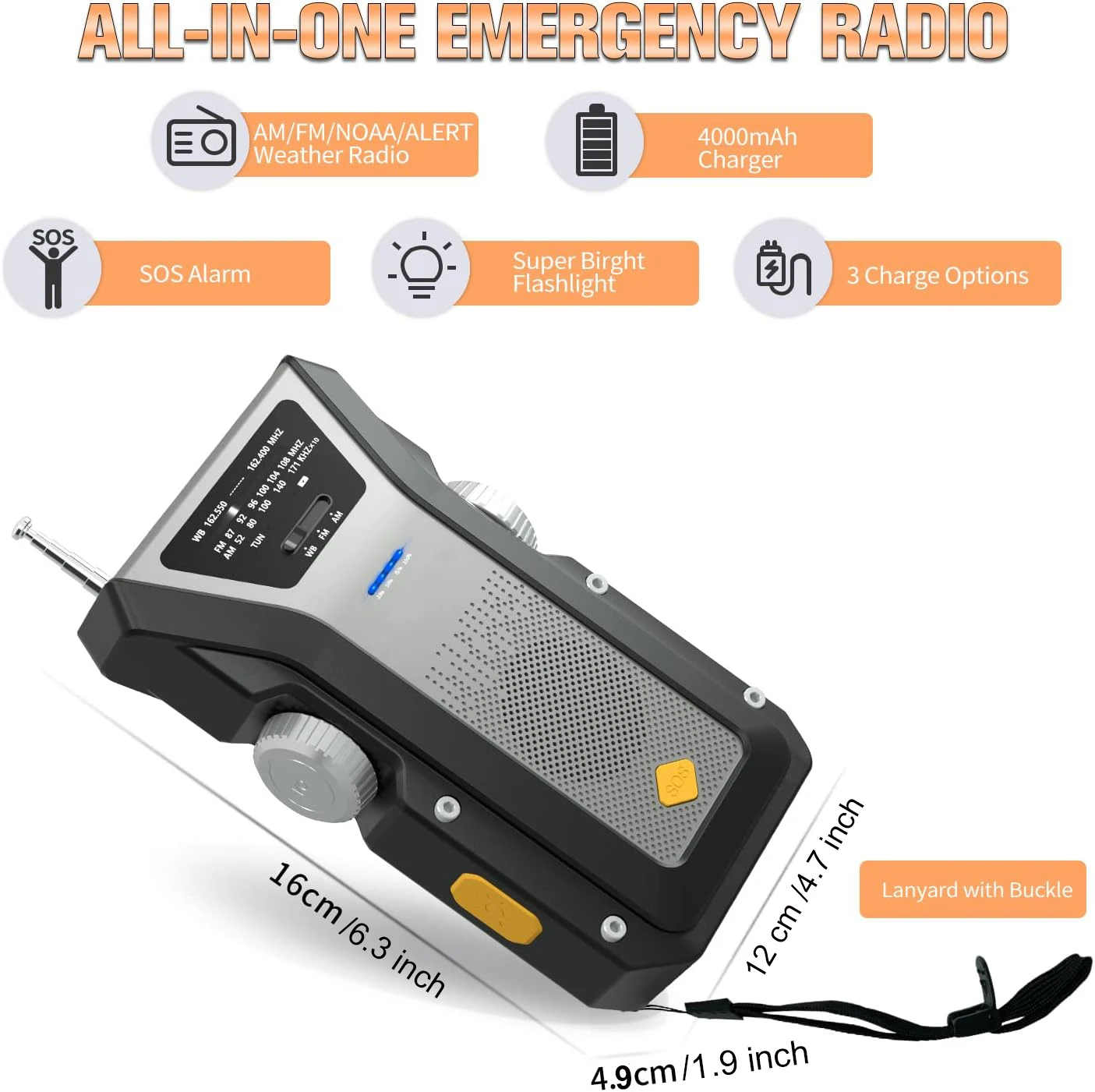Emergency Portable Hand Crank NOAA Weather Radio,Solar Powered,AM/FM,SOS Alarm,3 LED Flashlight 4000mAh Rechargeable Power Bank - Image 3