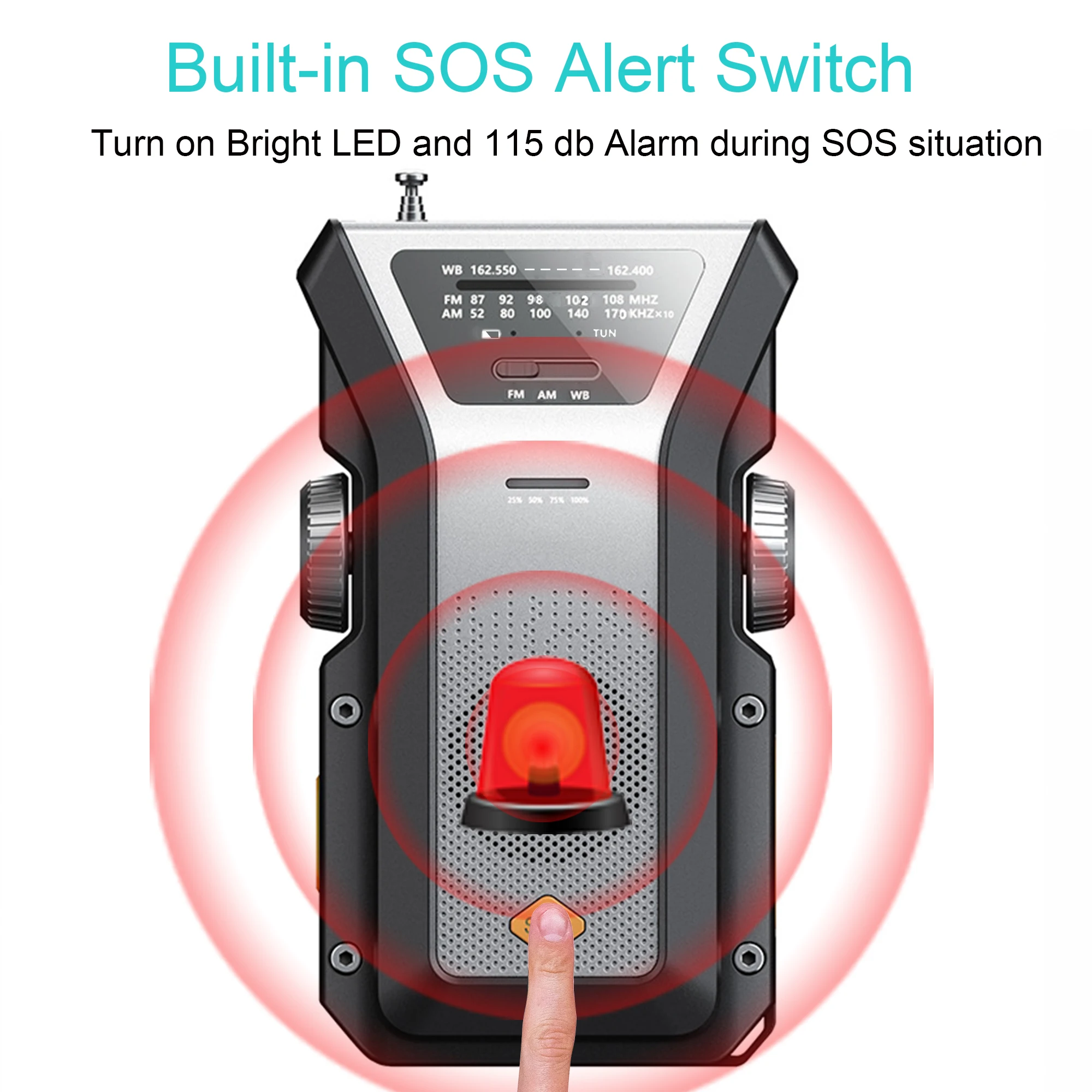 Emergency Portable Hand Crank NOAA Weather Radio,Solar Powered,AM/FM,SOS Alarm,3 LED Flashlight 4000mAh Rechargeable Power Bank - Image 4