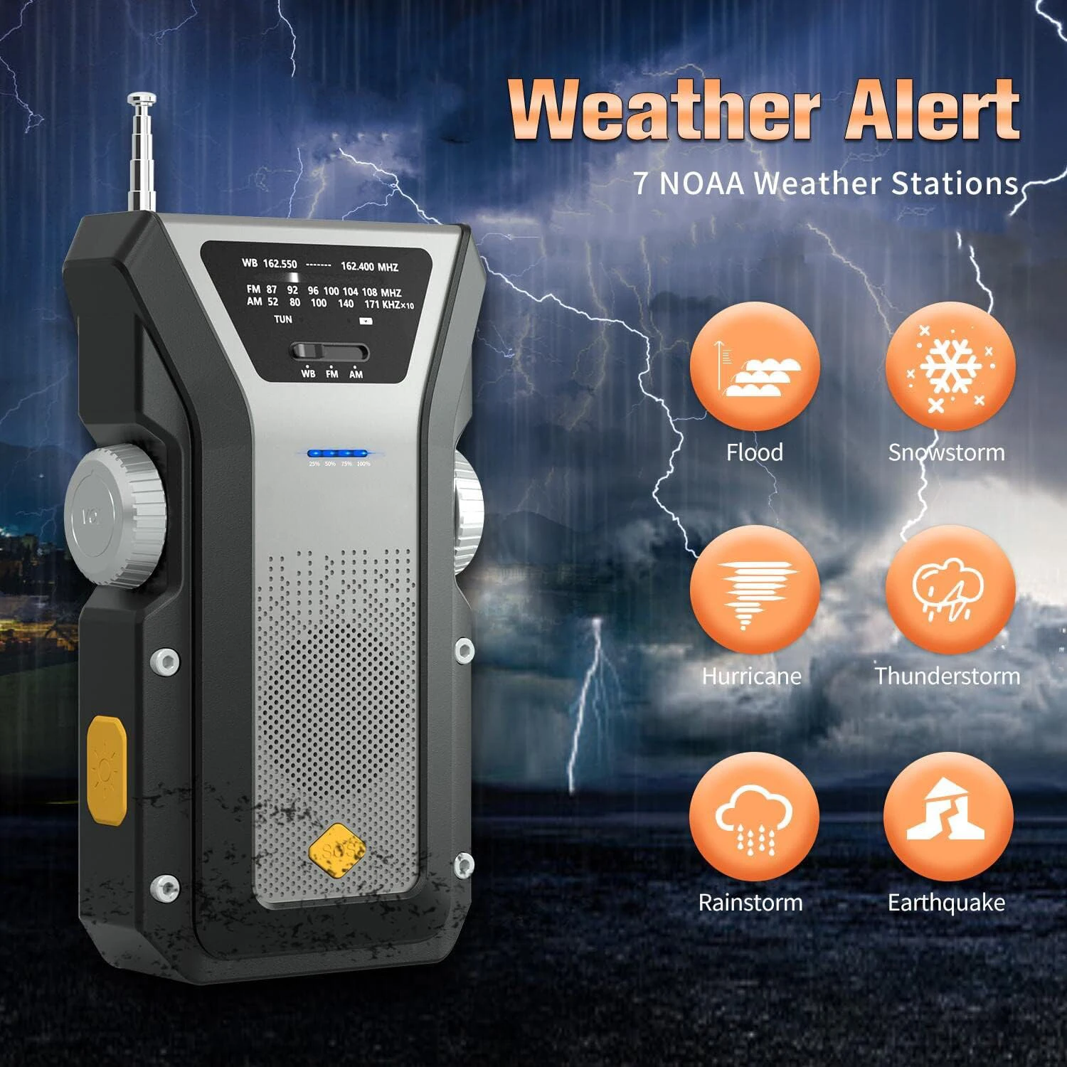 Emergency Portable Hand Crank NOAA Weather Radio,Solar Powered,AM/FM,SOS Alarm,3 LED Flashlight 4000mAh Rechargeable Power Bank - Image 5