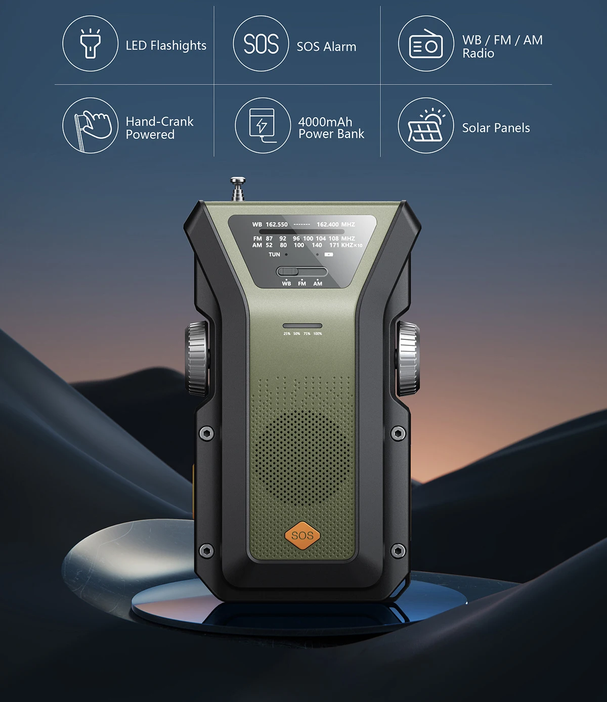 Emergency Portable Hand Crank NOAA Weather Radio,Solar Powered,AM/FM,SOS Alarm,3 LED Flashlight 4000mAh Rechargeable Power Bank