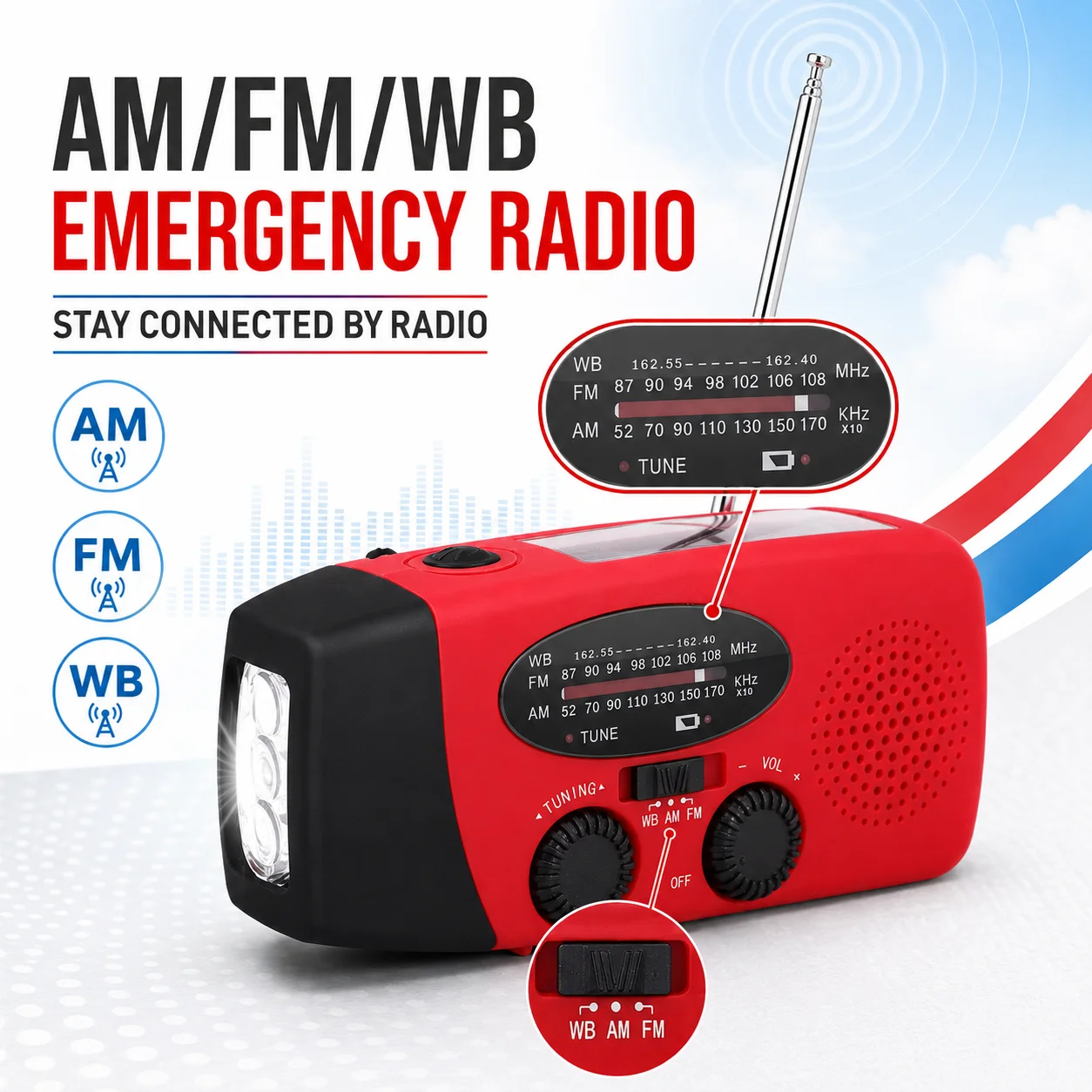 Emergency Weather Radio AM FM WB 2000mAh Hand Crank Solar USB Rechargeable LED Torch SOS Siren for Camping Powercuts Travel - Image 2