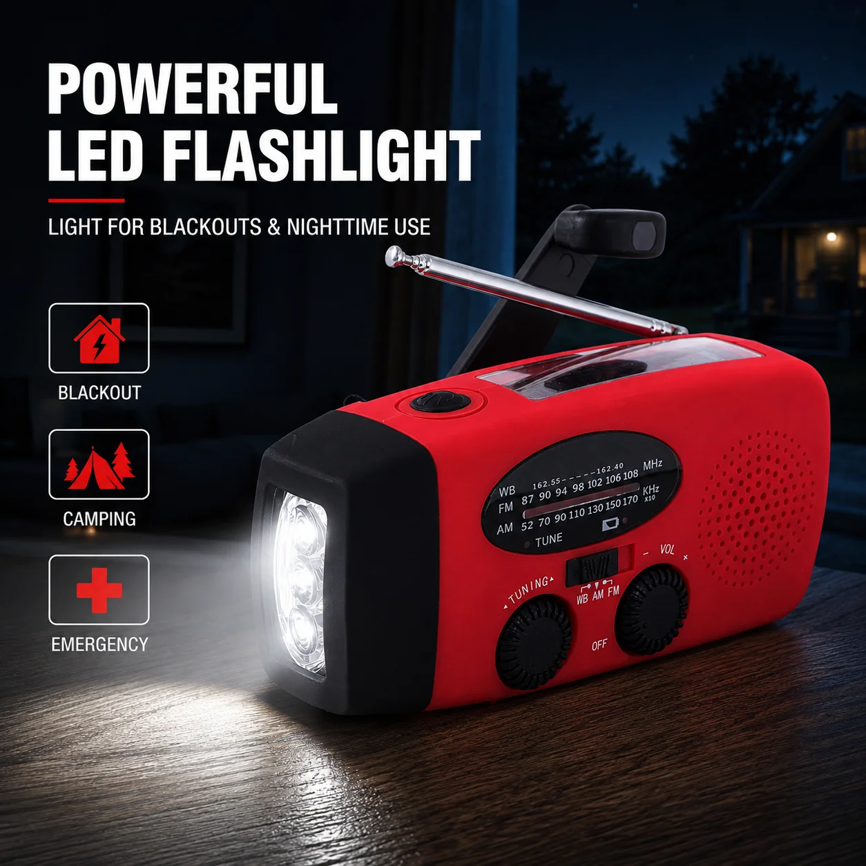 Emergency Weather Radio AM FM WB 2000mAh Hand Crank Solar USB Rechargeable LED Torch SOS Siren for Camping Powercuts Travel - Image 3
