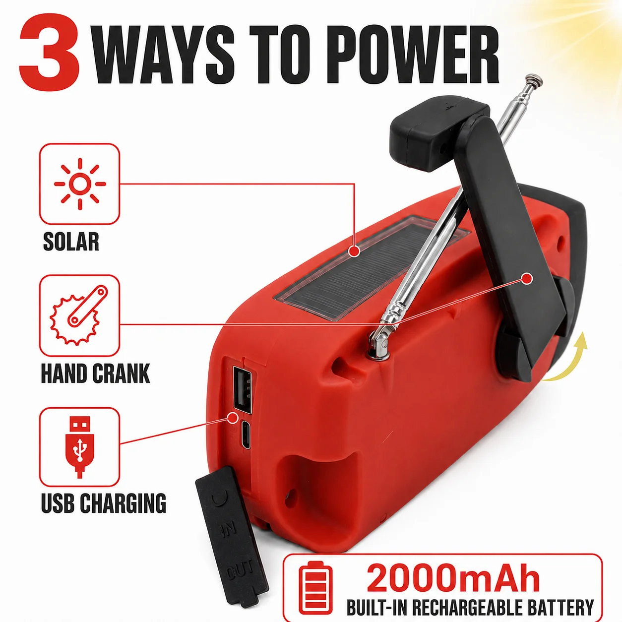 Emergency Weather Radio AM FM WB 2000mAh Hand Crank Solar USB Rechargeable LED Torch SOS Siren for Camping Powercuts Travel - Image 4