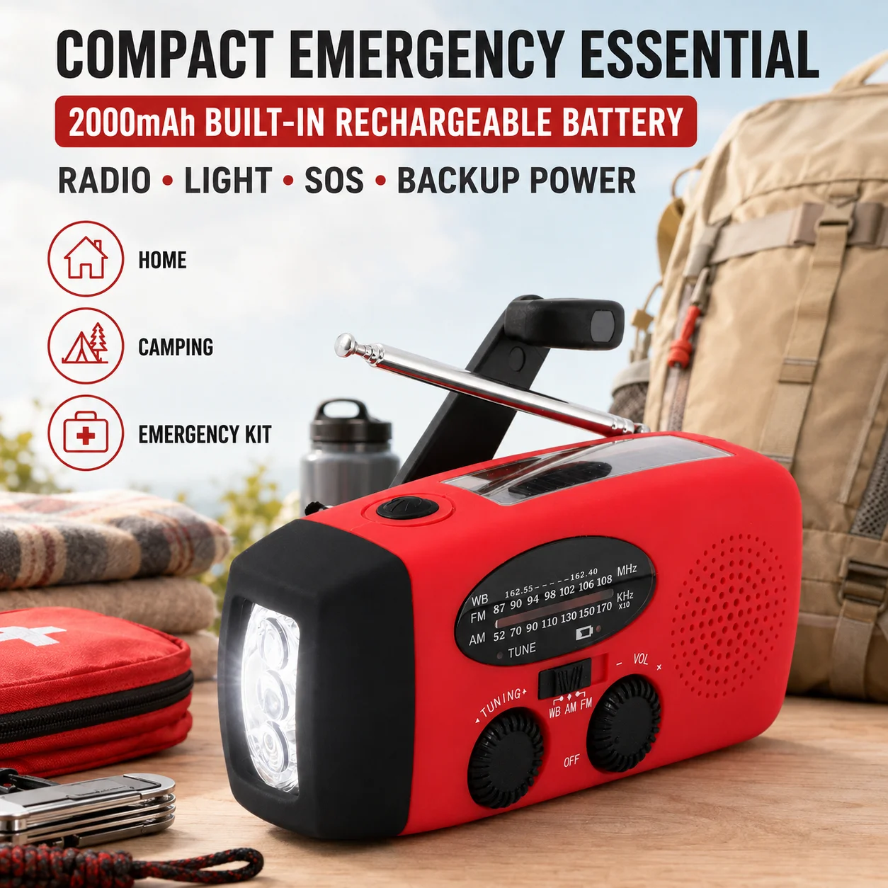 Emergency Weather Radio AM FM WB 2000mAh Hand Crank Solar USB Rechargeable LED Torch SOS Siren for Camping Powercuts Travel - Image 6