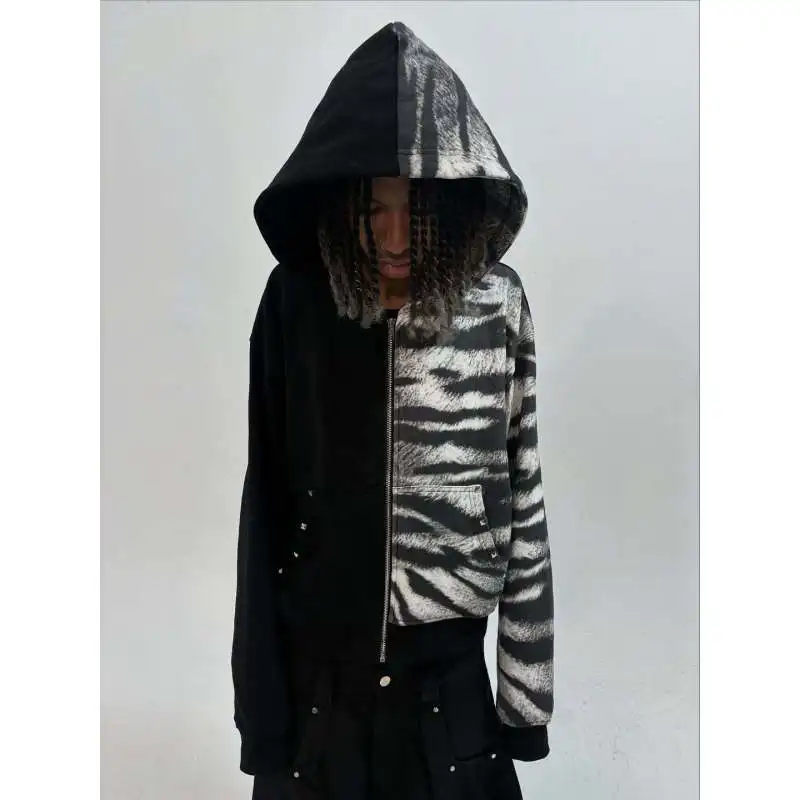 European and American Ins new spring and autumn leopard print hot stamping personalized street zipper hoodie y2k