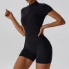 European and American nude one-piece yoga suit with stand up collar, half zipper, short sleeved fitness jumpsuit, tight fitting