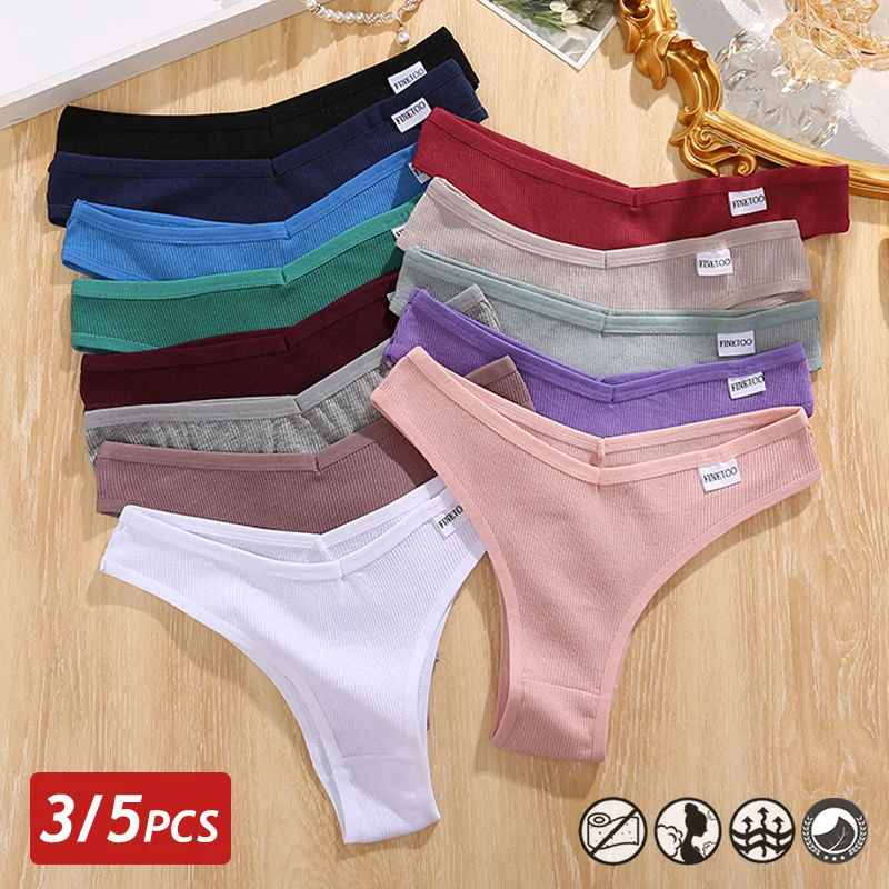 FINETOO 3/5Pcs Cotton Brazilian Panties Women's Panties Sexy V Waist T-Back Underwear Female Soft Underpants Lady Bikini Lingeri