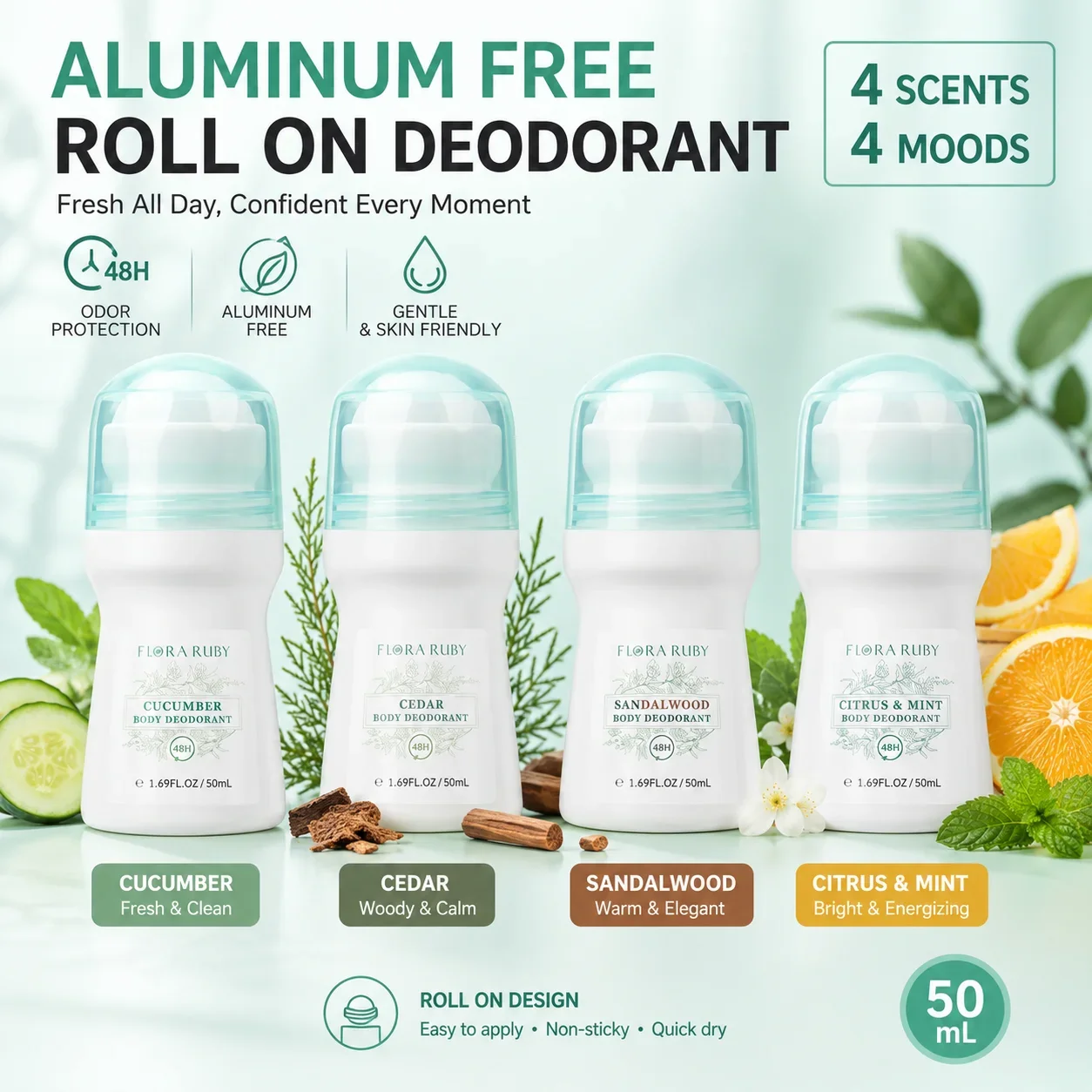 FLORA RUBY Body Deodorant Roll On 50ml for Women Men, Aluminum Free Alcohol Free, 48H Odor Control, Underarm Freshness, Portable - Image 2