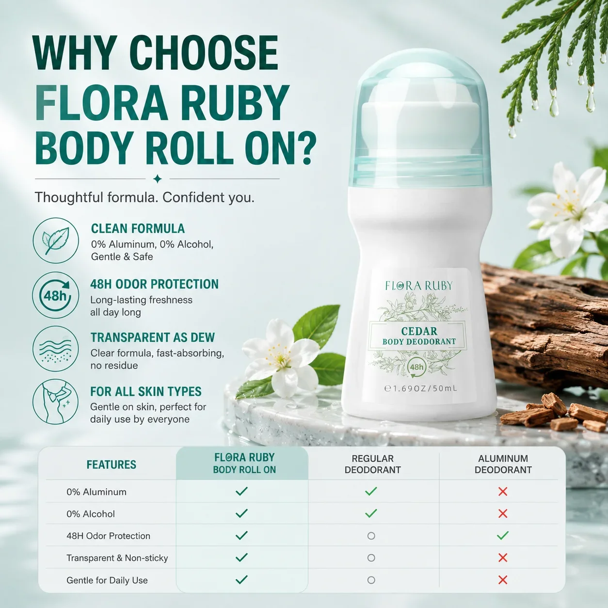 FLORA RUBY Body Deodorant Roll On 50ml for Women Men, Aluminum Free Alcohol Free, 48H Odor Control, Underarm Freshness, Portable - Image 4