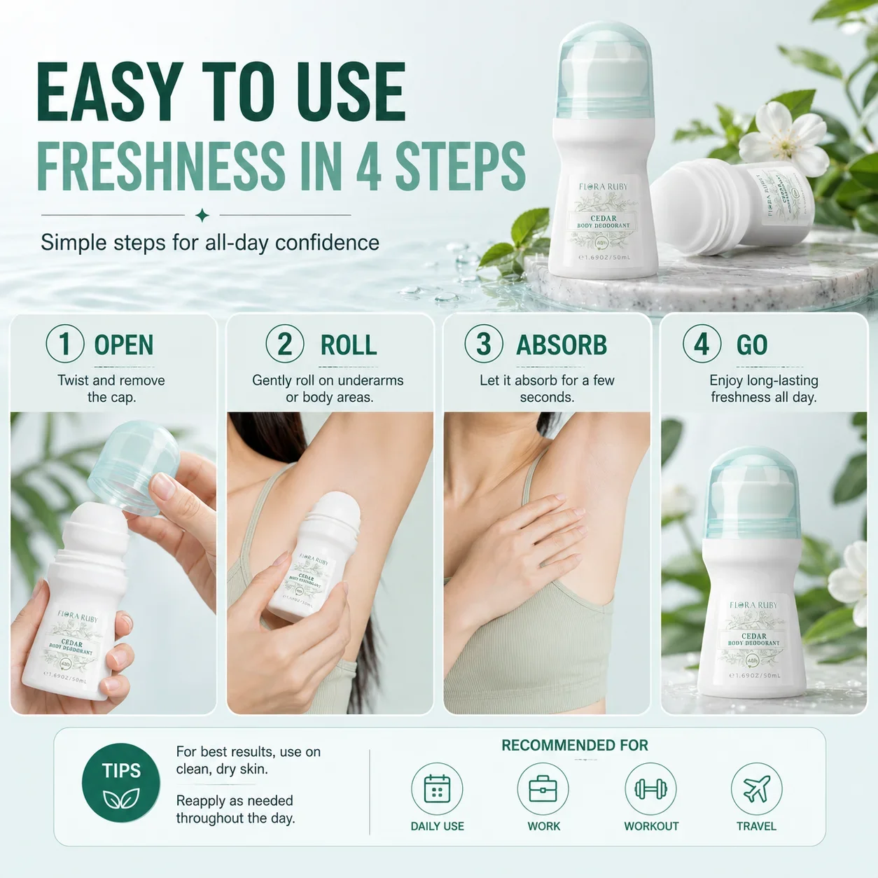 FLORA RUBY Body Deodorant Roll On 50ml for Women Men, Aluminum Free Alcohol Free, 48H Odor Control, Underarm Freshness, Portable - Image 6