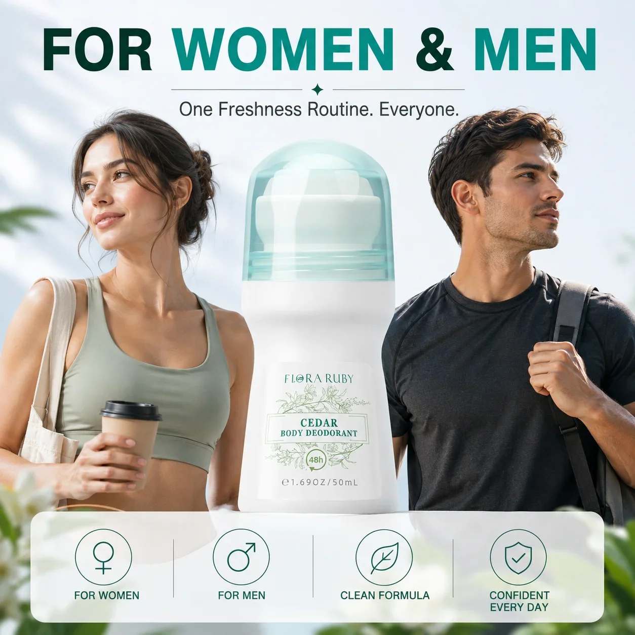 FLORA RUBY Body Deodorant Roll On 50ml for Women Men, Aluminum Free Alcohol Free, 48H Odor Control, Underarm Freshness, Portable - Image 3