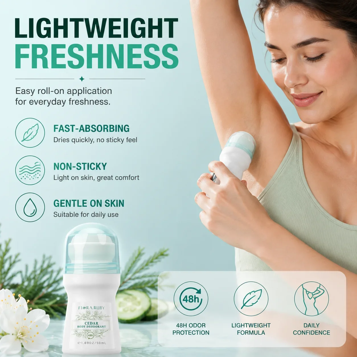 FLORA RUBY Body Deodorant Roll On 50ml for Women Men, Aluminum Free Alcohol Free, 48H Odor Control, Underarm Freshness, Portable - Image 5