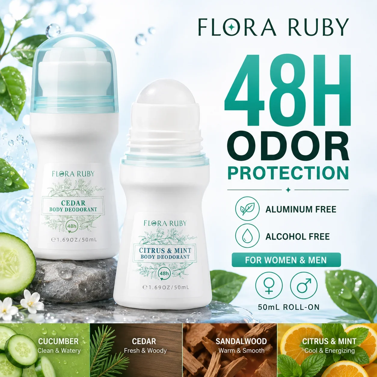 FLORA RUBY Fragrance Deodorant Roll On for Women Men 48H Odor Protection Aluminum Free Alcohol Free Underarm Freshness Portable