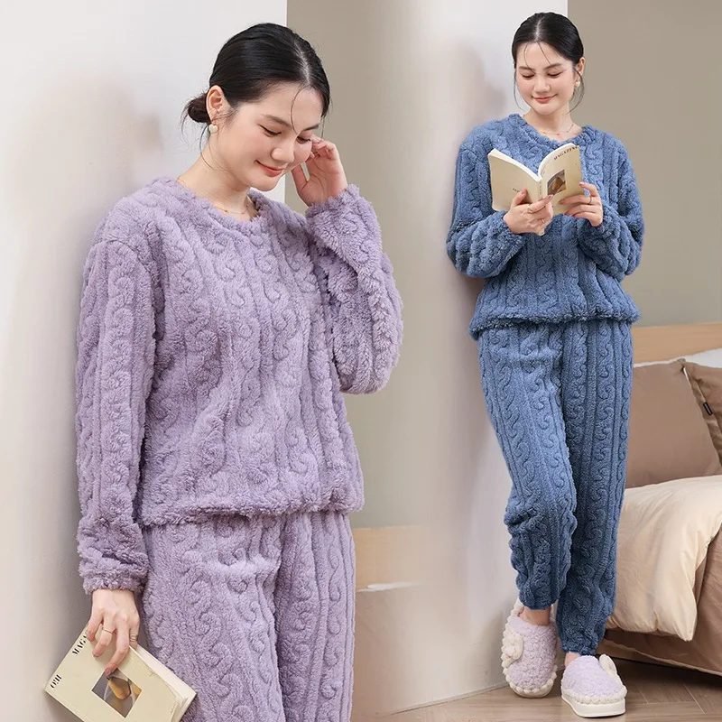 Fall Winter Women Soft Plush 2Pcs Outfit Suit Stylish Relax Loungewear For Daily Rest Family Party Indoor Home Wearing - Image 2