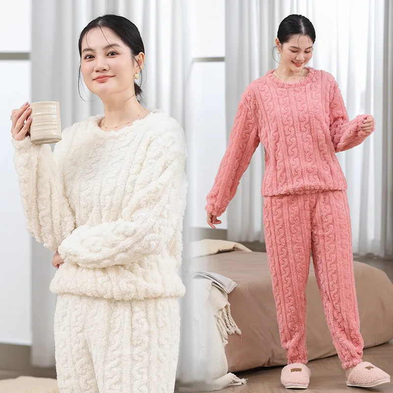 Fall Winter Women Soft Plush 2Pcs Outfit Suit Stylish Relax Loungewear For Daily Rest Family Party Indoor Home Wearing - Image 3