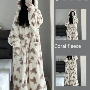 Fall and Winter Long Coral Velvet Nightgown Girl Cute Bear Pajamas Women's Thickened Warm Flannel Hooded Bathrobe Homewear