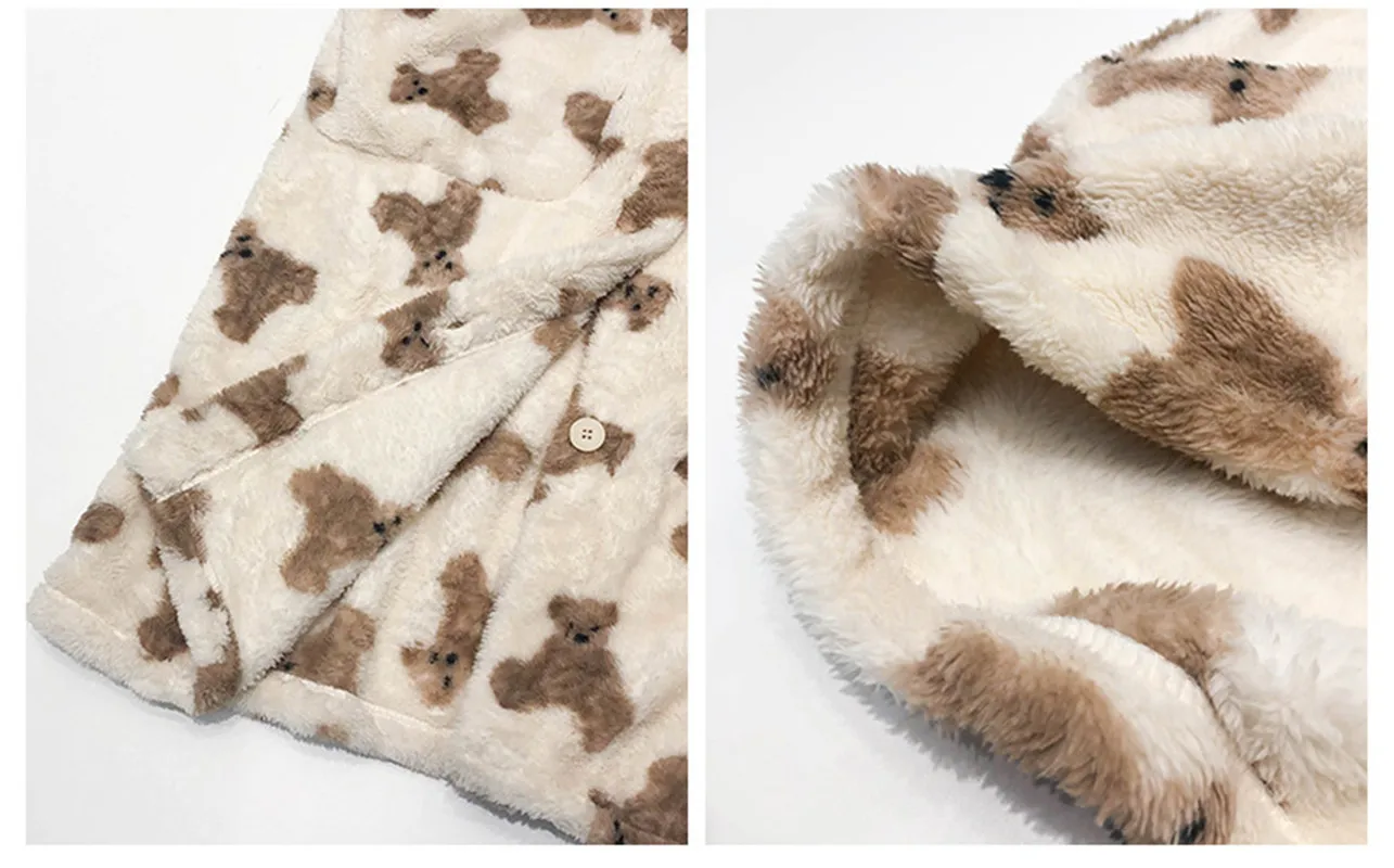 Fall and Winter Long Coral Velvet Nightgown Girl Cute Bear Pajamas Women's Thickened Warm Flannel Hooded Bathrobe Homewear - Image 6