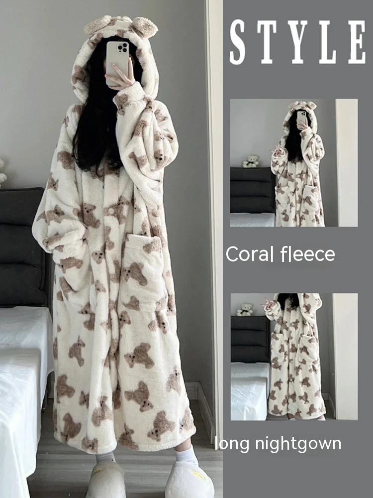 Fall and Winter Long Coral Velvet Nightgown Girl Cute Bear Pajamas Women's Thickened Warm Flannel Hooded Bathrobe Homewear