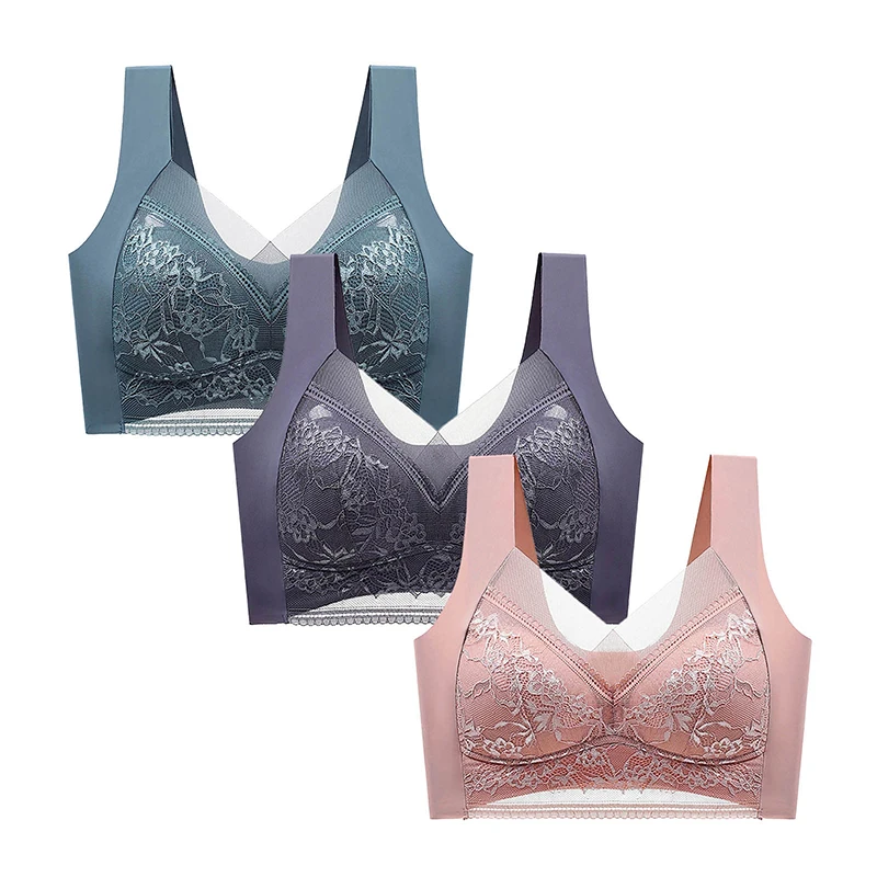FallSweet 3PCS Lace Push Up Bras for Women Sexy Wireless Bra Ice Silk Deep V Bralette Tops Female Lingerie Mom's Underwear L-5XL - Image 3