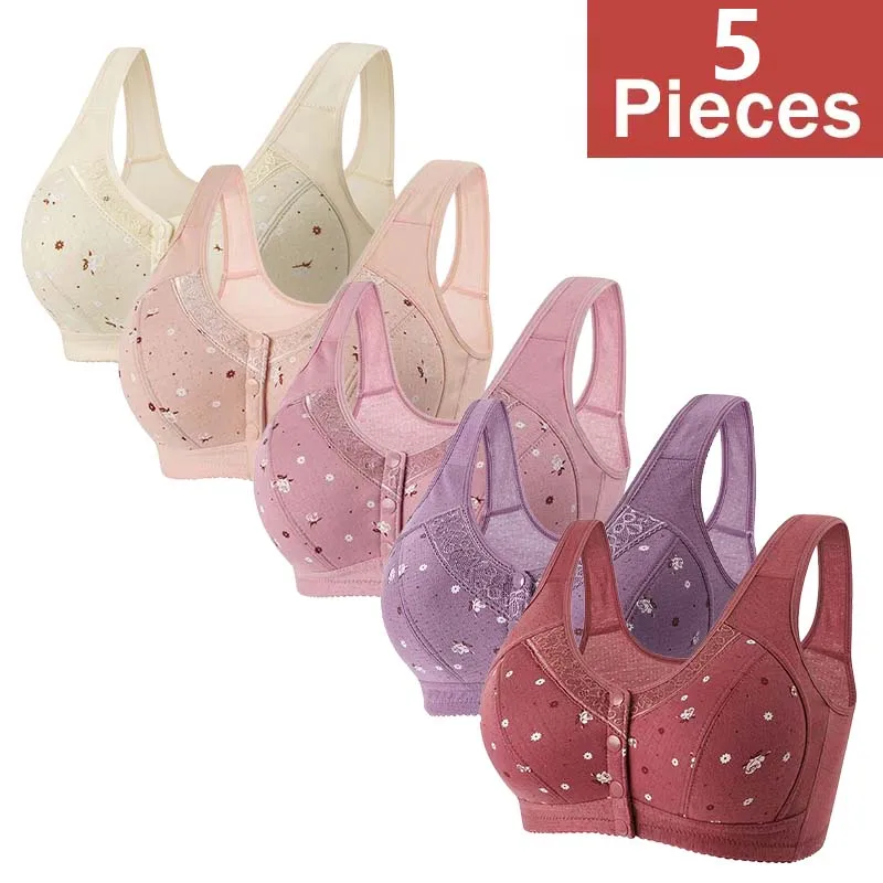 FallSweet 5Pcs/Set Front Closure Plus Size Bras for Women Seamless Wireless Bralette Lace Print Sexy Ladies Lingerie 38-50BC