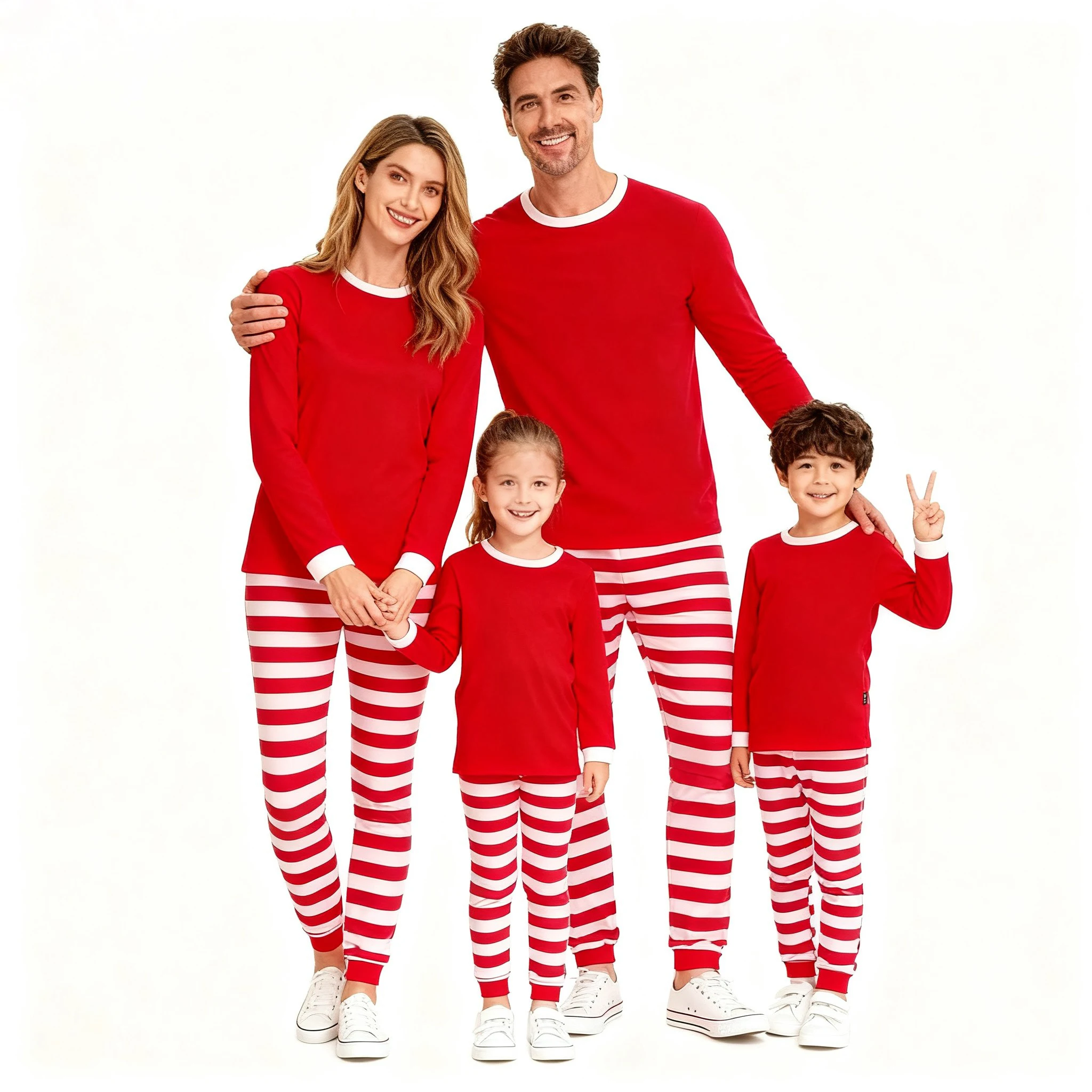Family Christmas Matching Pajamas Sets Red Top with Striped Pants Long Sleeve Sleepwear for Dad Mom Kids Xmas Loungewear Outfits - Image 5