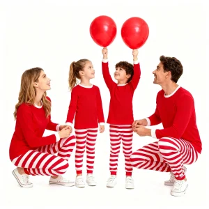 Family Christmas Matching Pajamas Sets Red Top with Striped Pants Long Sleeve Sleepwear for Dad Mom Kids Xmas Loungewear Outfits