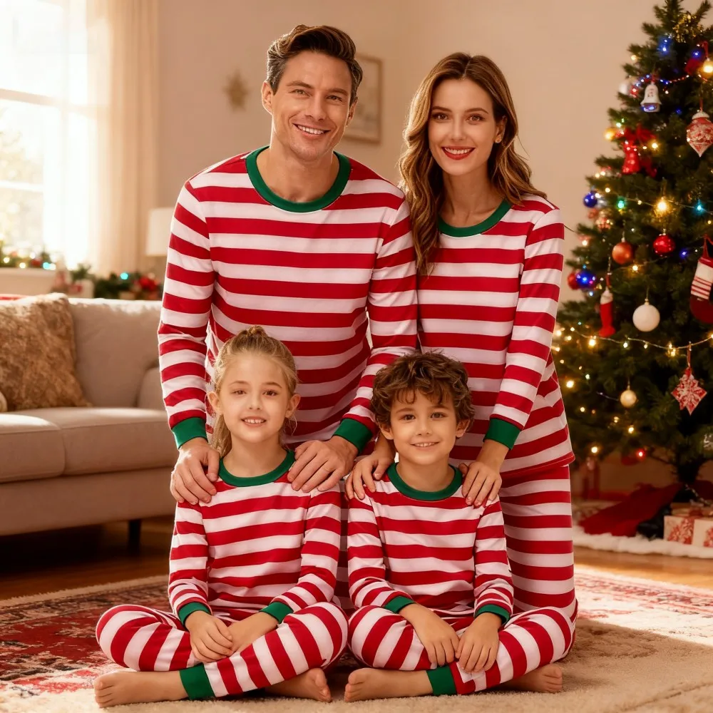 Family Christmas Pajamas Set Mother and Kids Matching Outfits Xmas Family Look Clothes Kids Pyjamas Father Son Striped Nightwear - Image 2