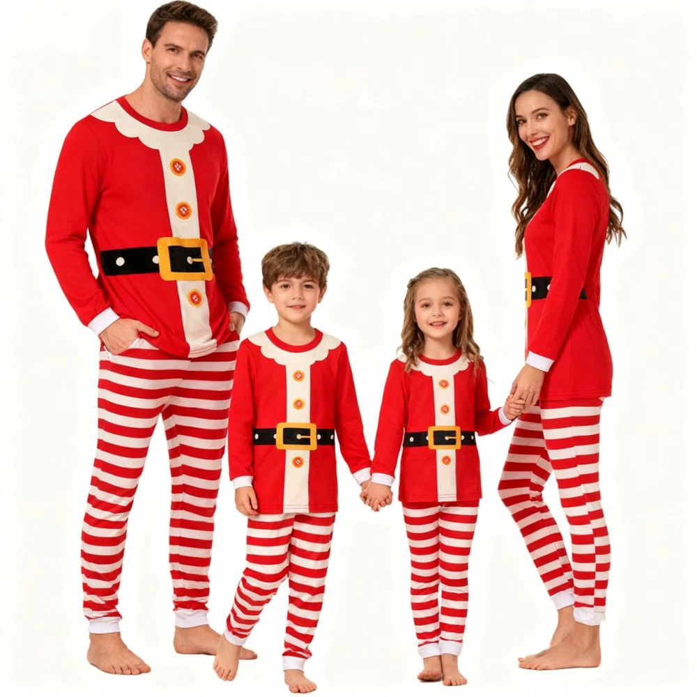 Family Christmas Pajamas Set Santa Claus Costumes Long Sleeve Sleepwear for Dad Mom Kids Soft Pjs with Striped Pants for Xmas - Image 2
