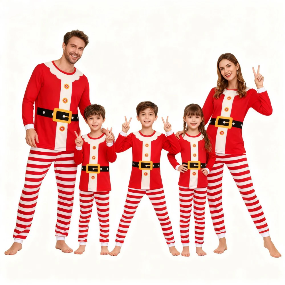 Family Christmas Pajamas Set Santa Claus Costumes Long Sleeve Sleepwear for Dad Mom Kids Soft Pjs with Striped Pants for Xmas - Image 3