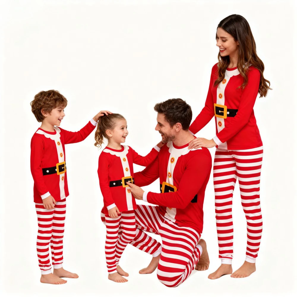 Family Christmas Pajamas Set Santa Claus Costumes Long Sleeve Sleepwear for Dad Mom Kids Soft Pjs with Striped Pants for Xmas - Image 4
