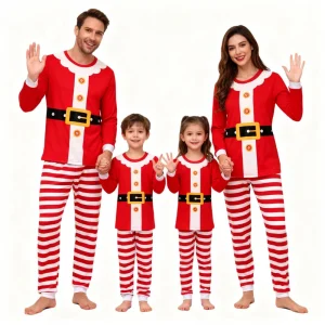 Family Christmas Pajamas Set Santa Claus Costumes Long Sleeve Sleepwear for Dad Mom Kids Soft Pjs with Striped Pants for Xmas