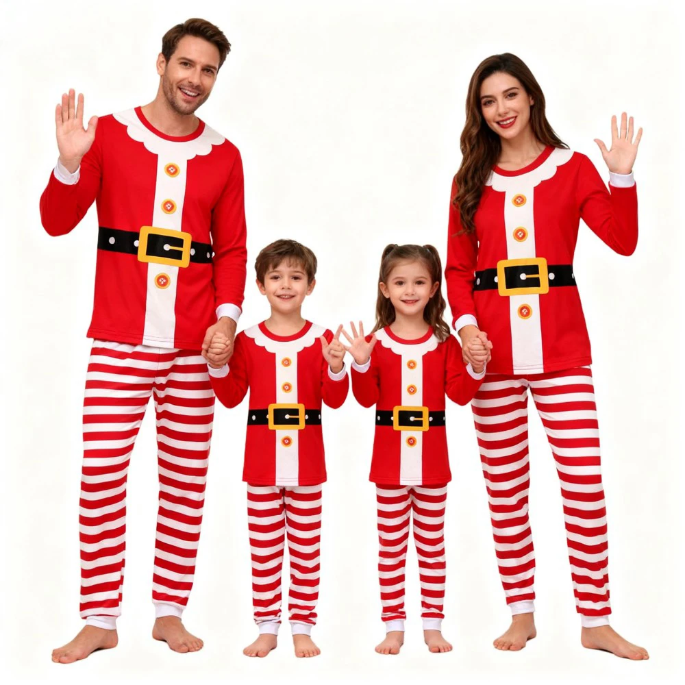 Family Christmas Pajamas Set Santa Claus Costumes Long Sleeve Sleepwear for Dad Mom Kids Soft Pjs with Striped Pants for Xmas