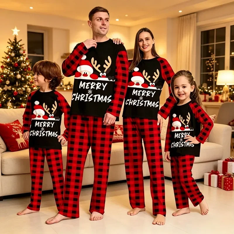 Family Matching Christmas Pajamas Set Red Black Plaid Santa Reindeer Print Long Sleeve Top Pants Sleepwear for Kids Xmas Family - Image 2