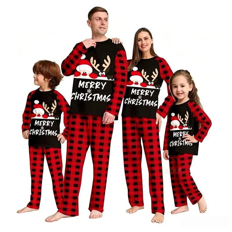 Family Matching Christmas Pajamas Set Red Black Plaid Santa Reindeer Print Long Sleeve Top Pants Sleepwear for Kids Xmas Family - Image 3