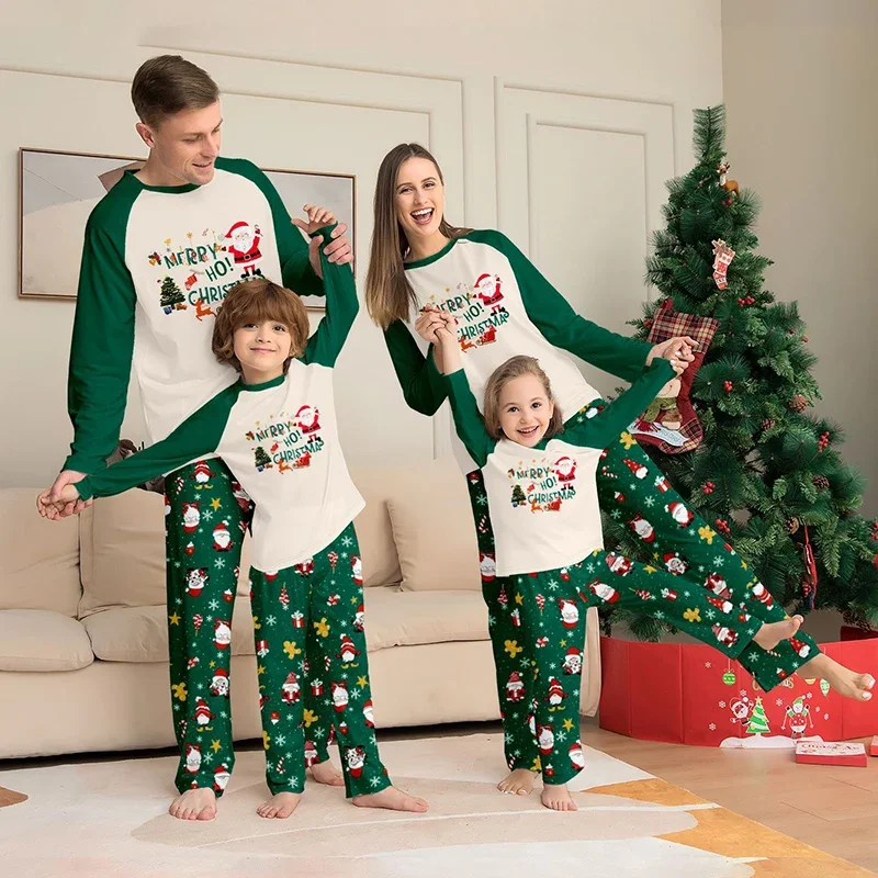 Family Matching Christmas Pajamas Set Santa Print Long Sleeve Homewear Green Xmas Sleepwear for Mom Dad Kids Family Pjs