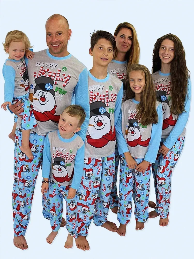 Family Matching Christmas Pajamas Set Snowman Print Long Sleeve Homewear Xmas Holiday Sleepwear Mom Dad Kids Family Pjs Suit
