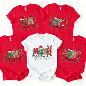 Family Matching Christmas T‑Shirt Mama Papa Mimi Baby Claus Print Funny Xmas Pajamas Party Outfits Leopard Xmas T-shirts Gift