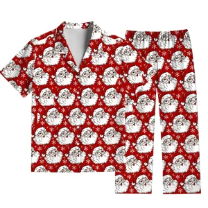 Festive Cartoon Santa 3D Print Short-Sleeve & Pants Matching Family Pajamas Kids & Unisex – Holiday Loungewear