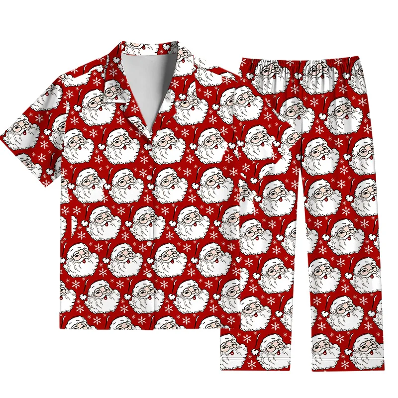 Festive Cartoon Santa 3D Print Short-Sleeve & Pants Matching Family Pajamas Kids & Unisex – Holiday Loungewear
