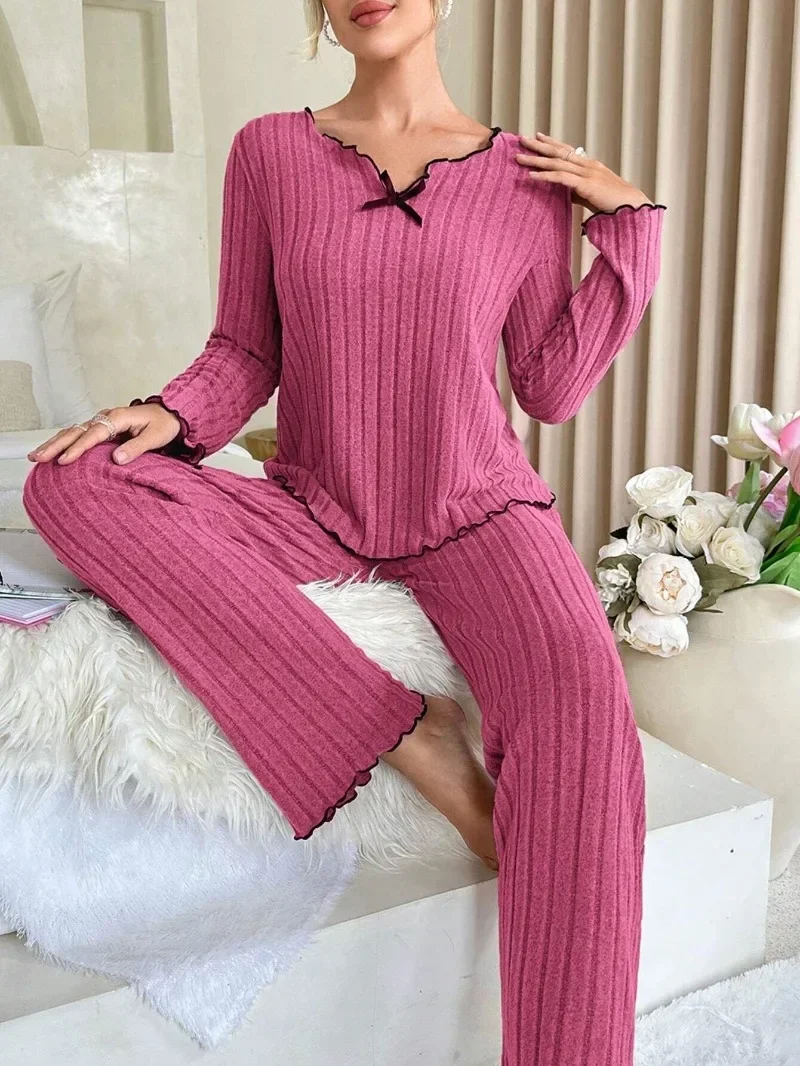Flannel Warm Sleepwear Women Casual Pajamas Set Long Sleeve T-shirt Top and Trousers Set Homewear Autumn Winter Loungewear - Image 2
