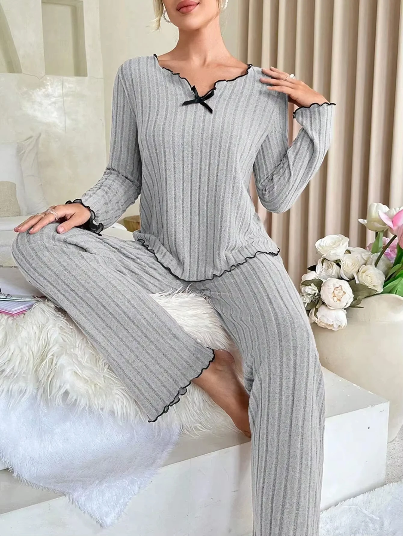 Flannel Warm Sleepwear Women Casual Pajamas Set Long Sleeve T-shirt Top and Trousers Set Homewear Autumn Winter Loungewear - Image 3