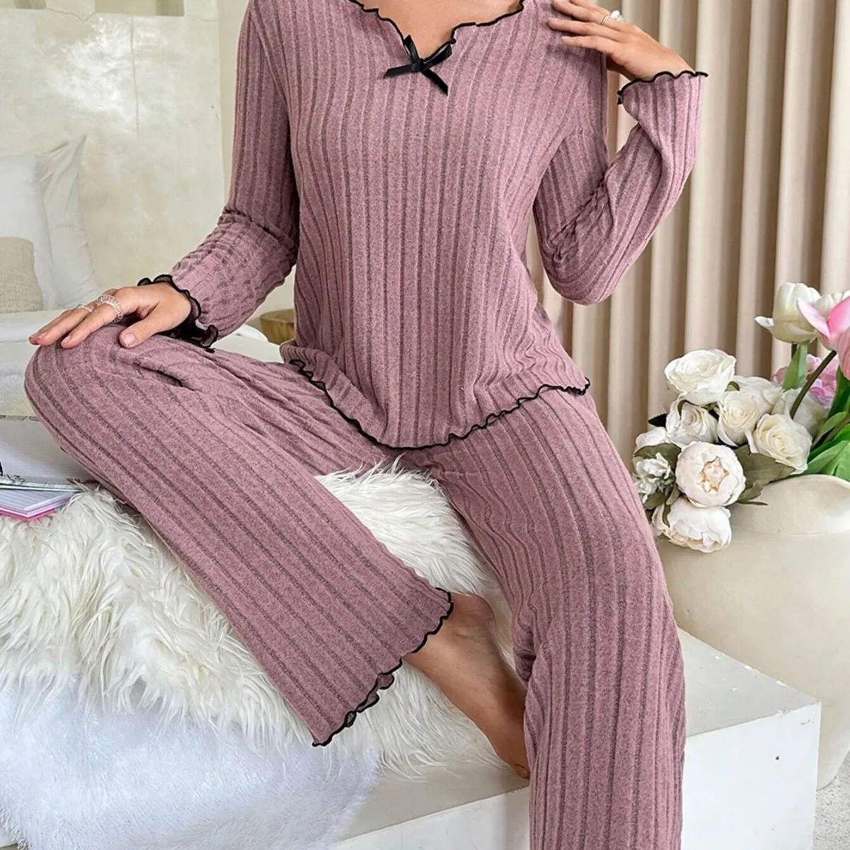 Flannel Warm Sleepwear Women Casual Pajamas Set Long Sleeve T-shirt Top and Trousers Set Homewear Autumn Winter Loungewear - Image 4