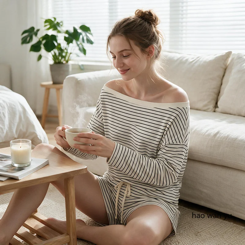 Four Seasons Korean Style Long-Sleeved Pyjamas with Black and White Stripes and Off-the-Shoulder Shorts Women's Sleepwear Gril - Image 6
