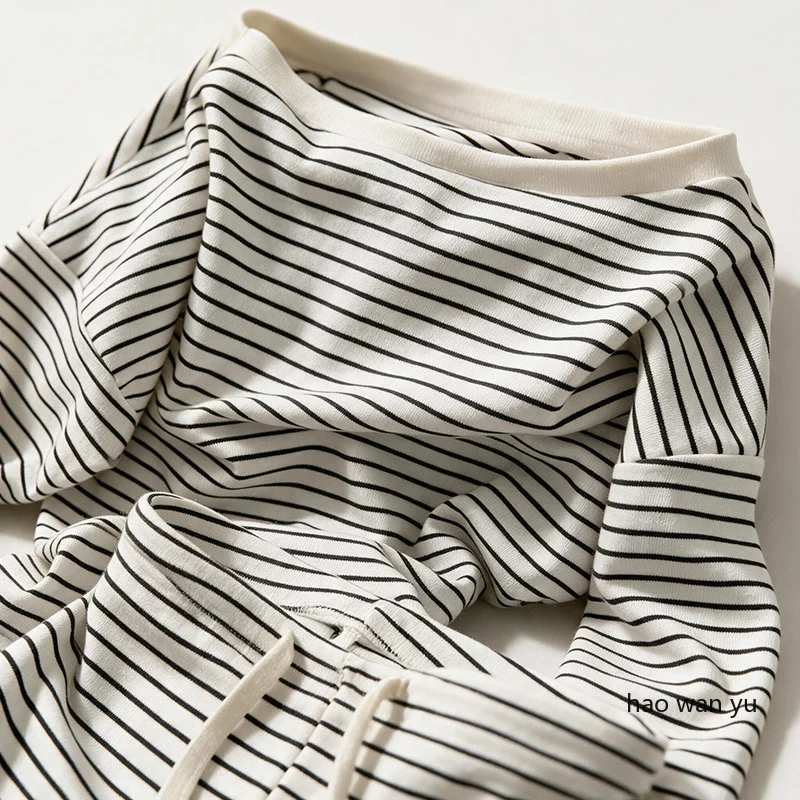 Four Seasons Korean Style Long-Sleeved Pyjamas with Black and White Stripes and Off-the-Shoulder Shorts Women's Sleepwear Gril - Image 4