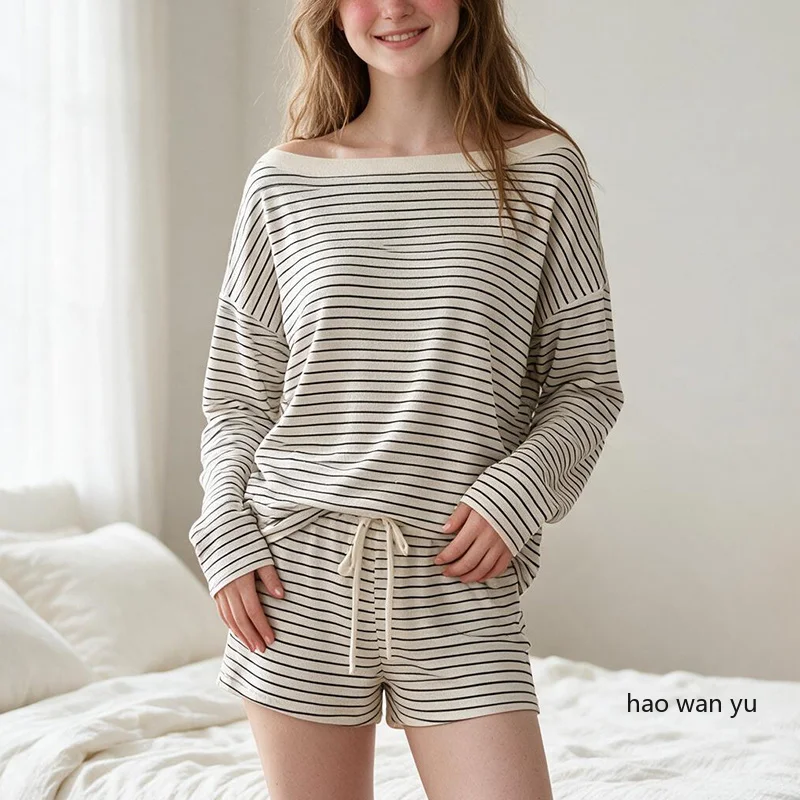 Four Seasons Korean Style Long-Sleeved Pyjamas with Black and White Stripes and Off-the-Shoulder Shorts Women's Sleepwear Gril - Image 5