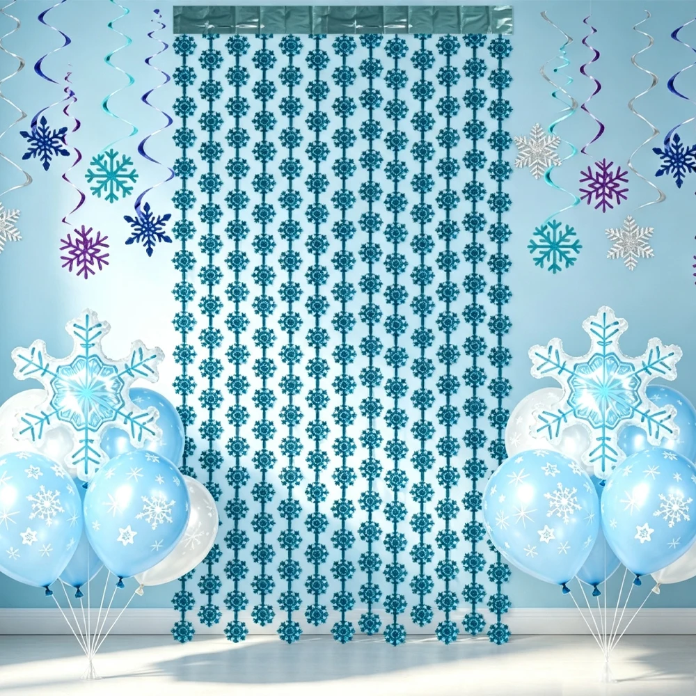 Frozen Theme Party Decor Blue Snowflake Foil Curtain Snowflake Balloon Hanging Swirl Winter Frozen Birthday Party Backdrop Decor
