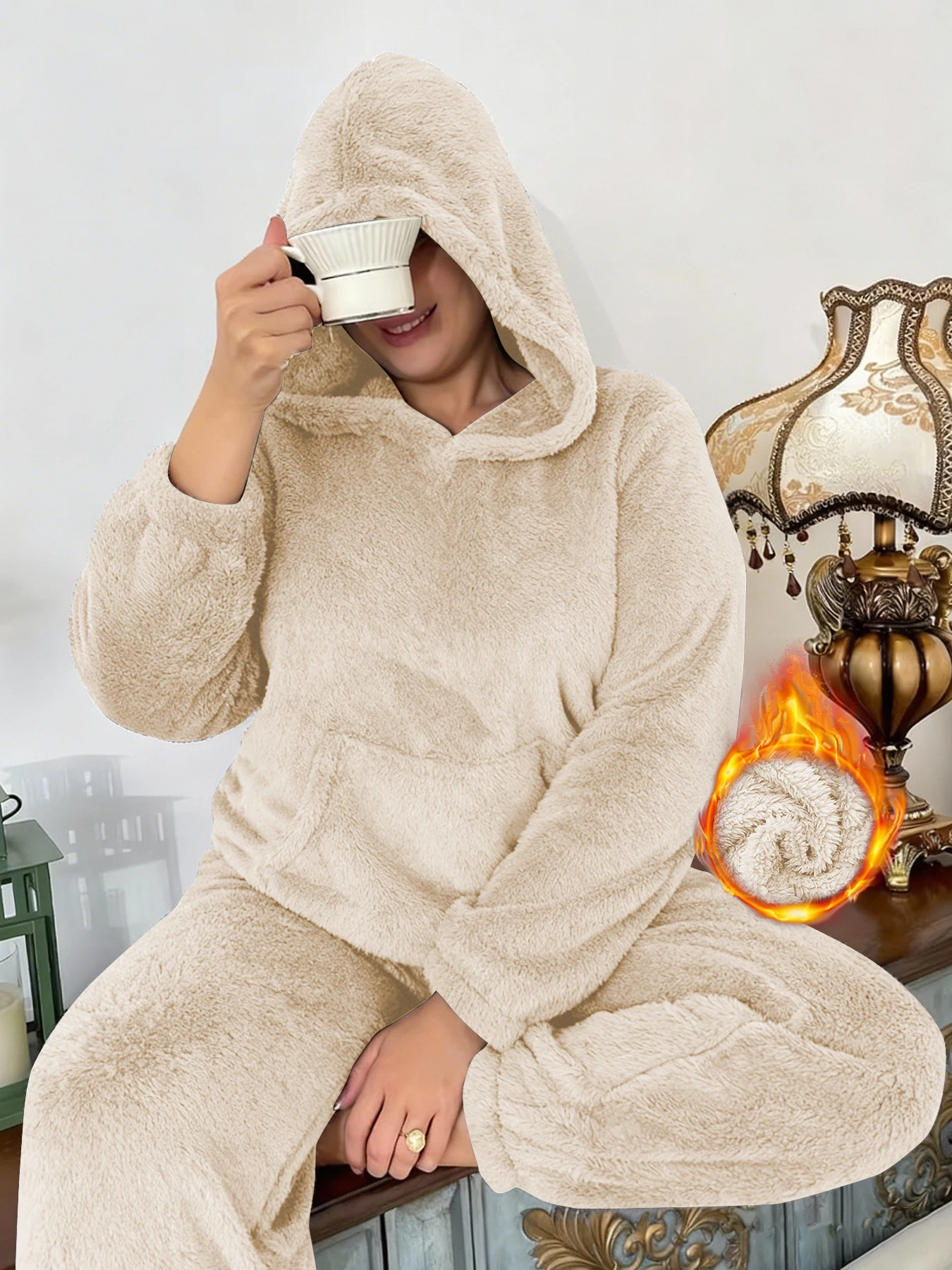 Fuzzy Hooded Pajamas Set for Women Winter Warm Fluffy Loungewear Soft Fleece Pj Pants 2 Piece Plush Sleepwear Lounge Tops - Image 2
