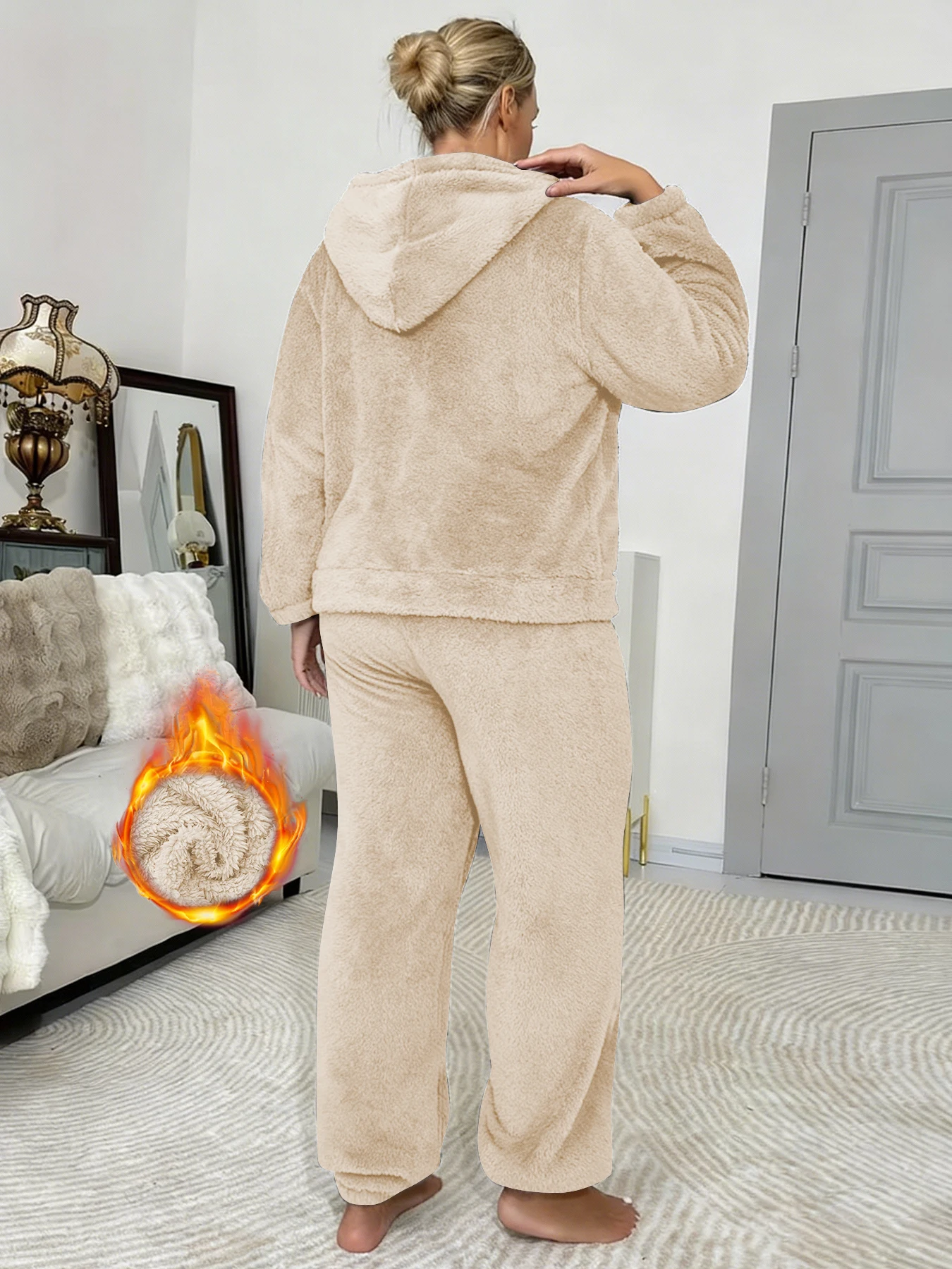 Fuzzy Hooded Pajamas Set for Women Winter Warm Fluffy Loungewear Soft Fleece Pj Pants 2 Piece Plush Sleepwear Lounge Tops - Image 3