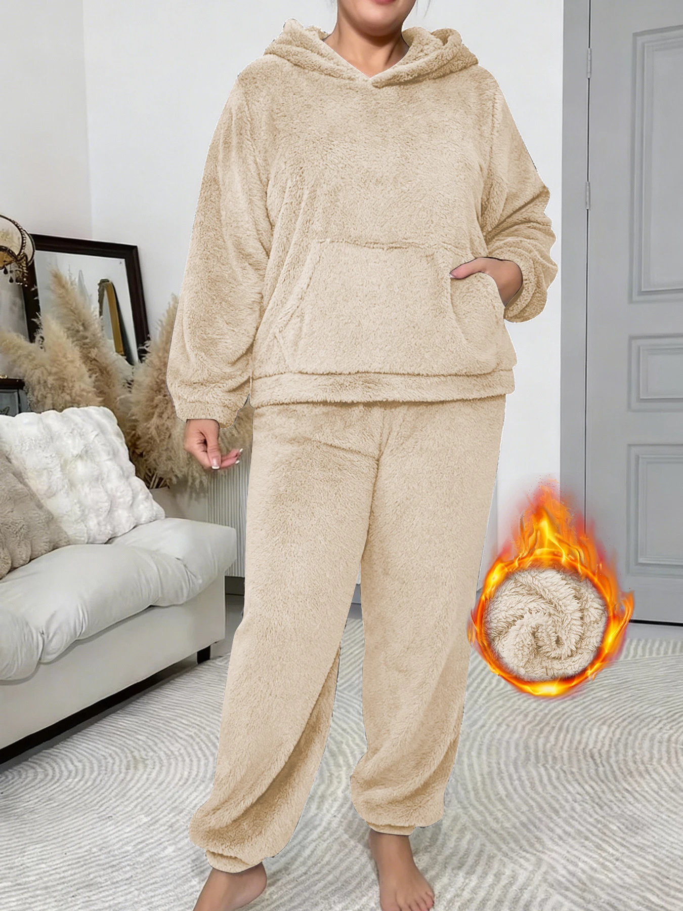 Fuzzy Hooded Pajamas Set for Women Winter Warm Fluffy Loungewear Soft Fleece Pj Pants 2 Piece Plush Sleepwear Lounge Tops - Image 5