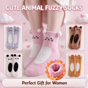 Fuzzy Socks Soft Plush Cozy Warm Cute Animal Bear Socks Winter Novelty Women's Fleece Floor Socks Cartoon Socks for Christmas
